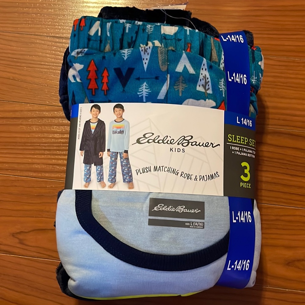 Eddie Bauer Kids Plush Matching Robe And Pajamas Youth Boys Blue - Size L 14/16